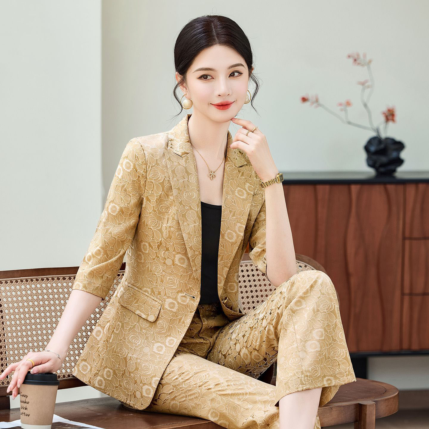 Women Formal Wear Office - Fashion Apricot Half Sleeve Professional Suit