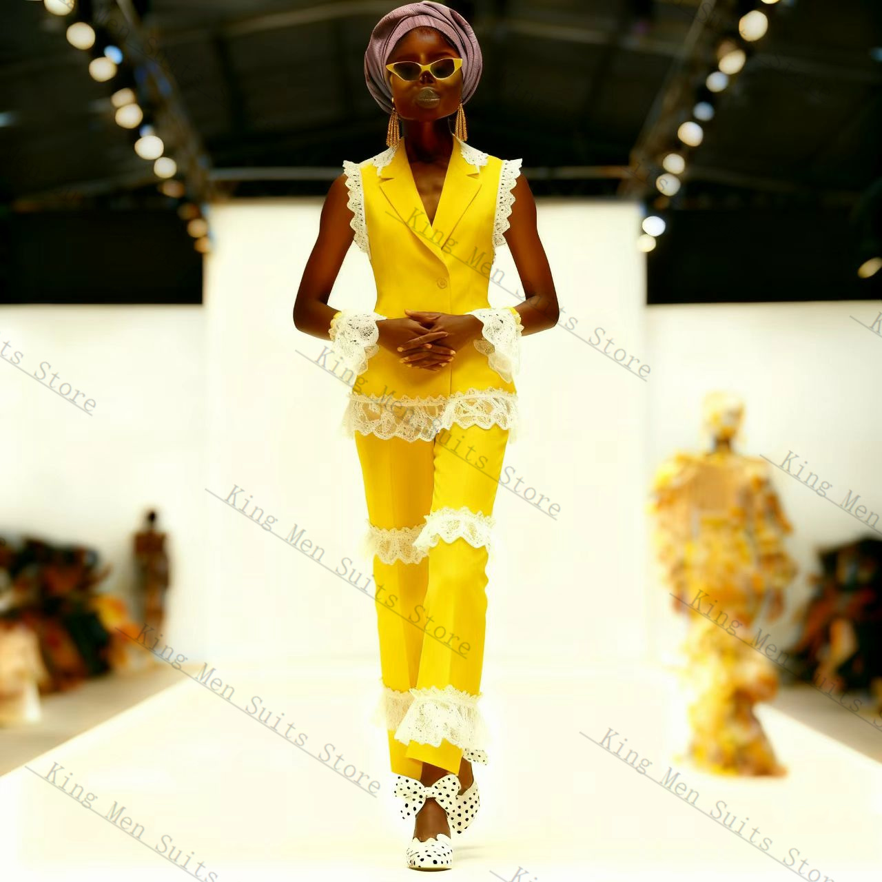Yellow Formal Wear Women - Yellow White Lace Women Suit Set
