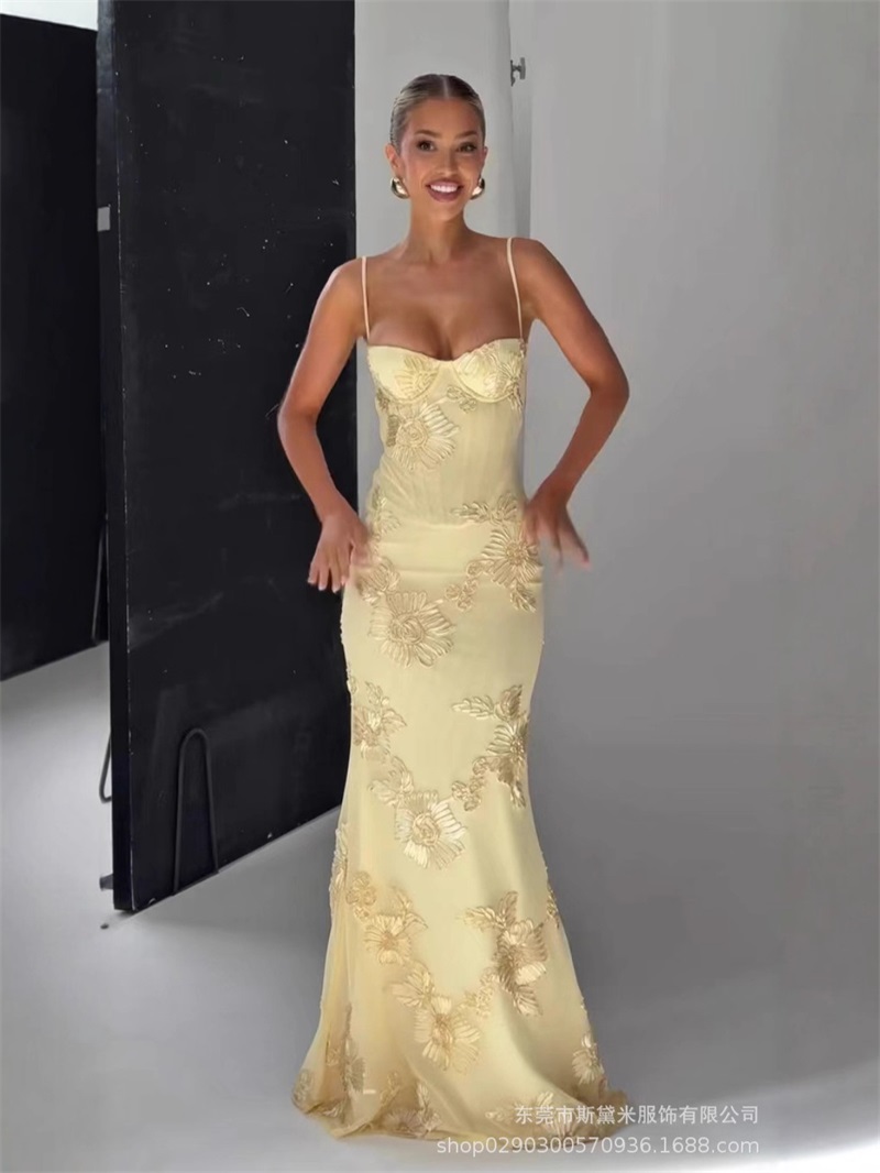 Yellow Formal Wear Women - Yellow Embroidery Women Prom Dress Sexy
