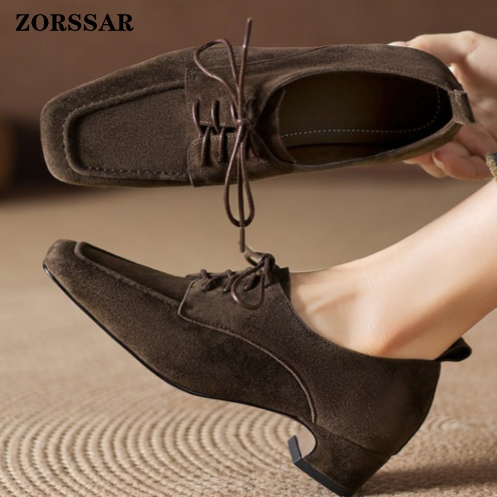 Formal Women Daily Wear Shoes - Women's Brown Suede Square Toe Lace-up