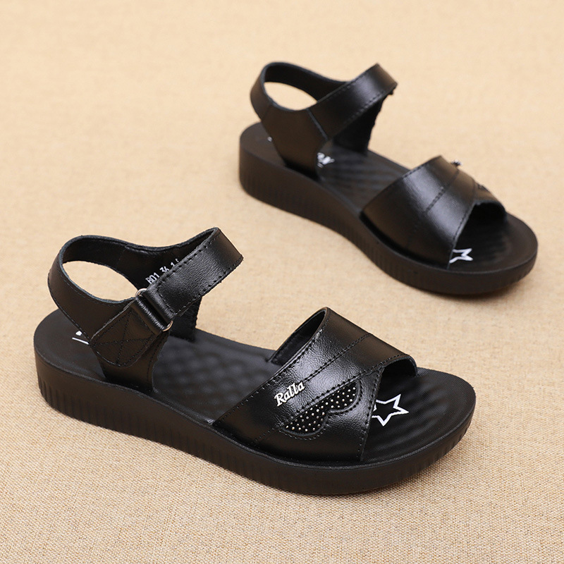 Black Leather T-Strap Peep Toe - огляд і ціна Formal Women Daily Wear Sandals