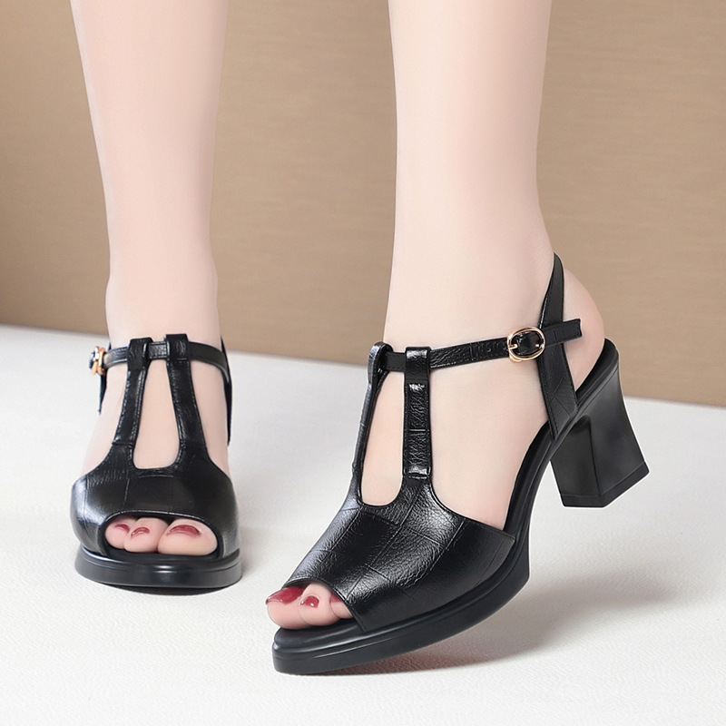 Black Leather T-Strap Peep Toe - огляд і ціна Formal Women Daily Wear Sandals
