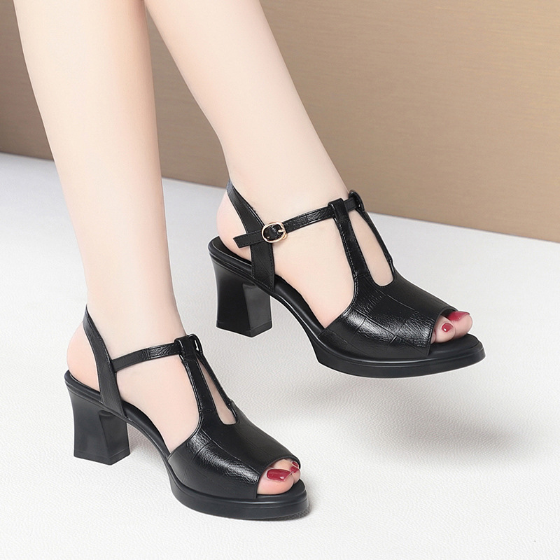 Black Leather T-Strap Peep Toe - огляд і ціна Formal Women Daily Wear Sandals